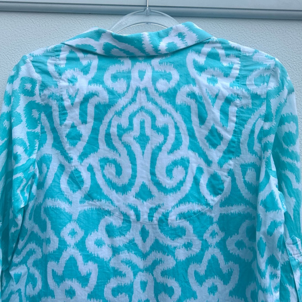 Gretchen Scott Top Women S Blue Button Up Everywhere Arabesque 100% Cotton Shirt - Picture 12 of 13